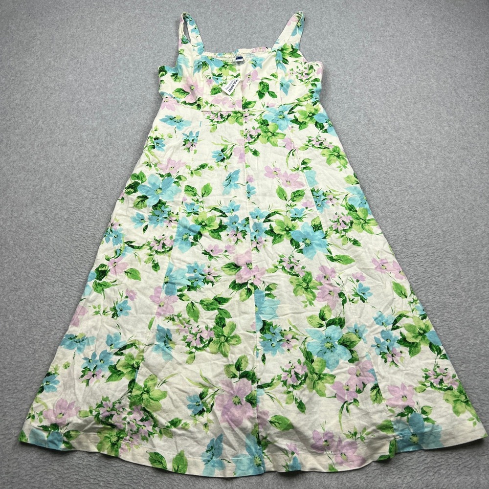 NEW Old Navy Fit & Flare Linen Midi‎ Dress Women's Large White Floral Sundress